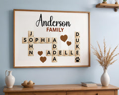 Beautiful Canvas Sign Scrabble Puzzle Wall Art featuring a custom family name in a creative crossword design. This wooden-style matte canvas artwork makes a heartfelt and unique grandparents’ Christmas gift or family keepsake. Perfect for adding a warm, personalized touch to living rooms, hallways, or family walls.