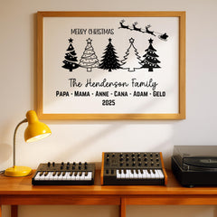 Custom Family Print features five beautifully designed Christmas trees personalized with each family member’s name for a festive and meaningful touch. Printed on high-quality matte canvas, it combines modern style with holiday warmth. The vibrant tree designs create a cheerful and cozy atmosphere perfect for Christmas celebrations. This personalized family Christmas canvas highlights love, unity, and the spirit of togetherness.