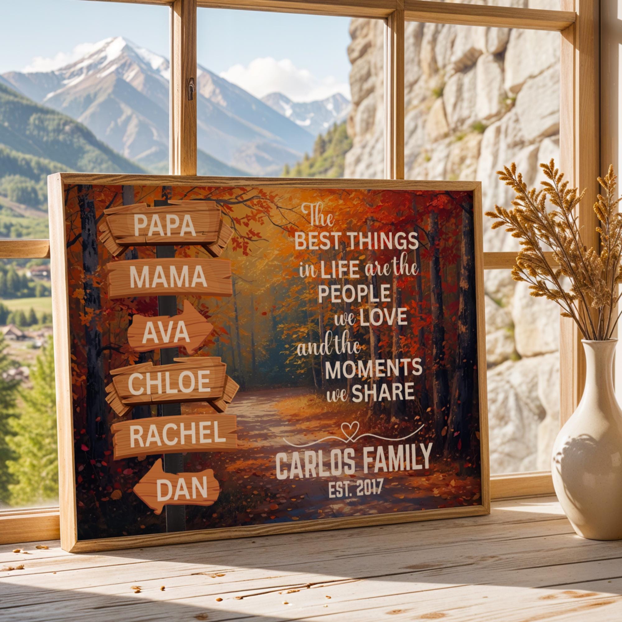 Personalized Family Name Wall Art with an adventure street sign and motivational quote design over a modern autumn nature background. Custom canvas print decor ideal for adding character to living rooms, entryways, or family spaces. Framed wall art gift perfect for seasonal home updates and nature-inspired interiors. Trendy Autumn and Christmas Gift Season Gift