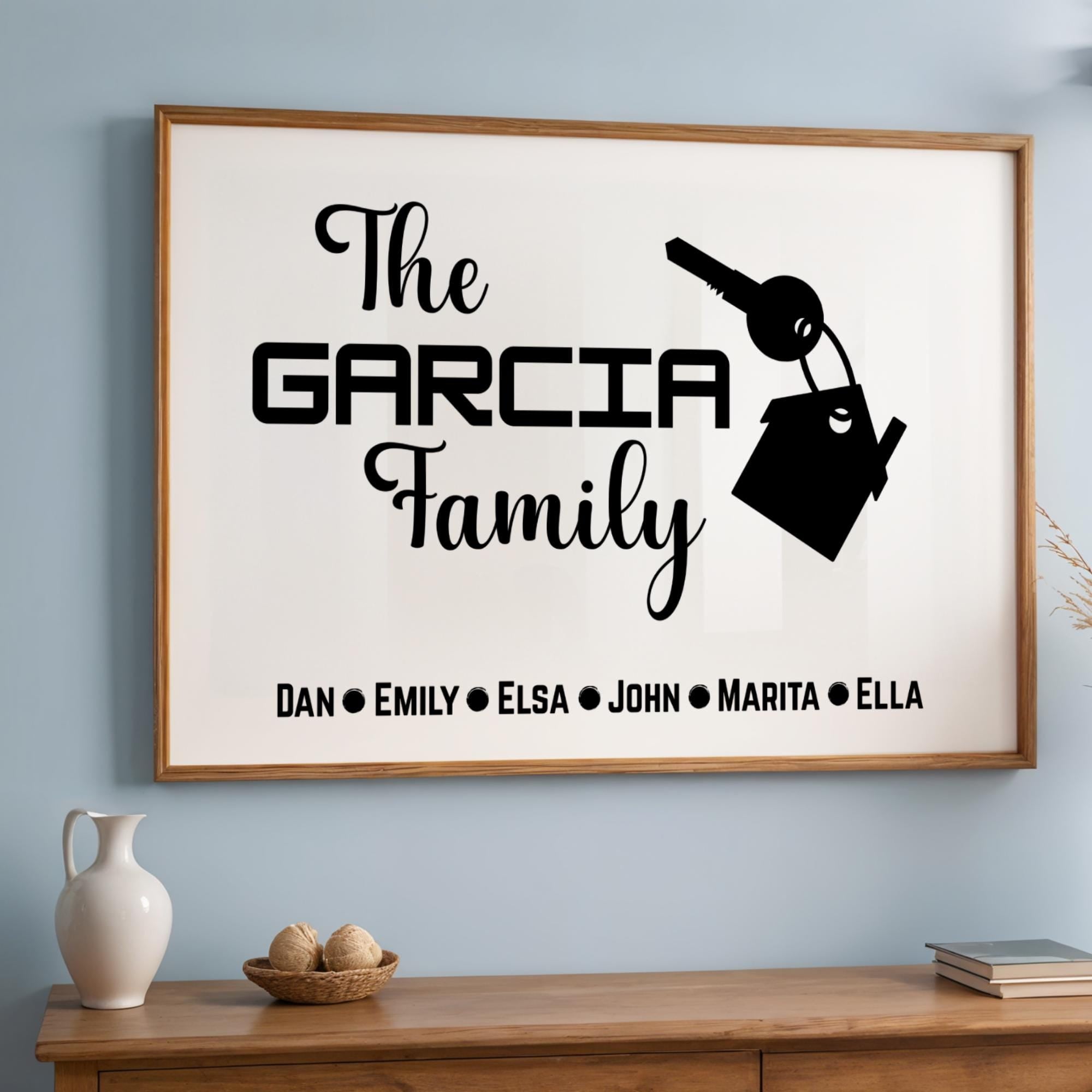 Elegant Personalized Family Name Sign designed as a custom wall art gift for stylish and modern homes. This framed canvas print features your family or kids’ names in a minimalist, timeless design. A perfect custom gift for weddings, anniversaries, or new homeowners who appreciate unique decor. Add a warm, personal touch to your home wall decor with this trendy custom name sign art. New Home Decor, Perfect Christmas Gift Idea