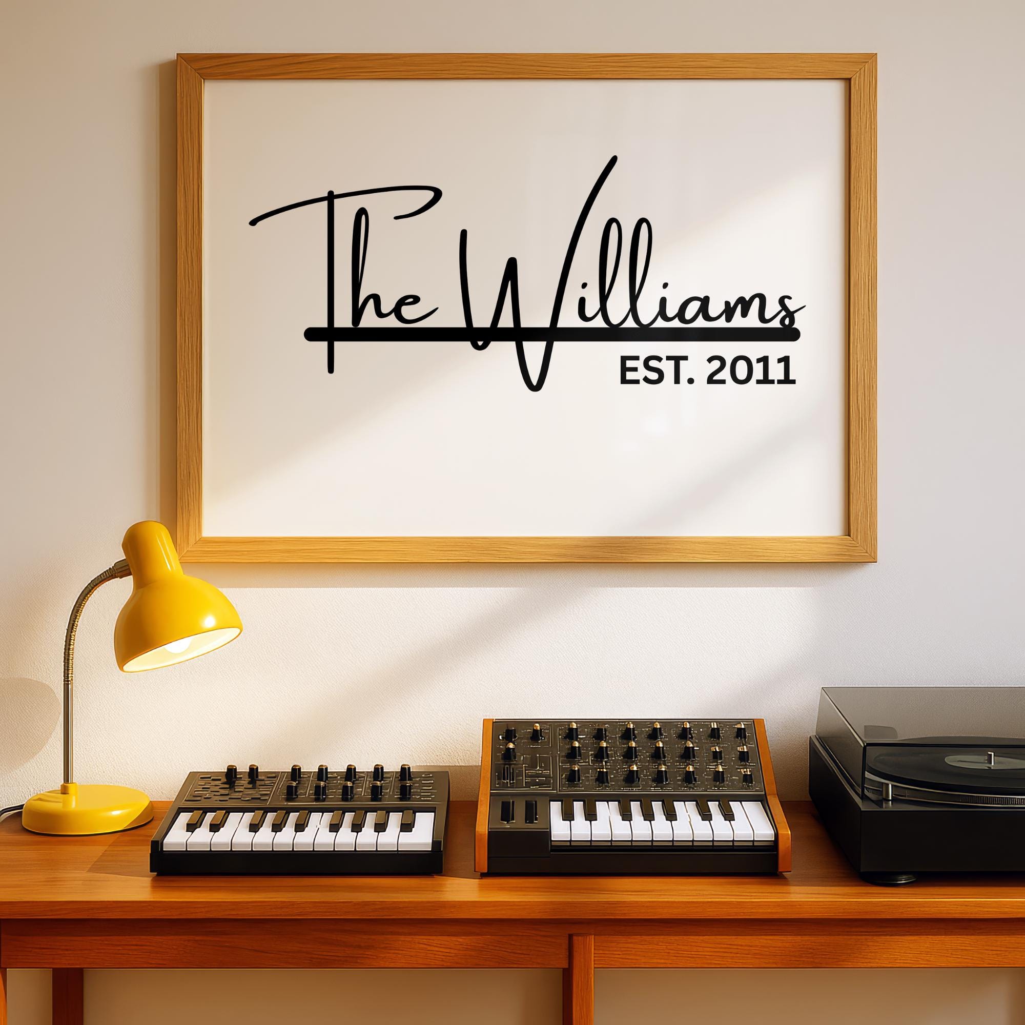 Custom framed canvas sign featuring a personalized family name and the anniversary date in a black and white minimalist style. Elegant wall art decor perfect for farmhouse, modern, or neutral-themed interiors. Ideal for home or office wall display in living rooms, entryways, or workspaces. Thoughtful housewarming, wedding, or anniversary gift idea with a timeless design.