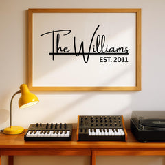 Custom framed canvas sign featuring a personalized family name and the anniversary date in a black and white minimalist style. Elegant wall art decor perfect for farmhouse, modern, or neutral-themed interiors. Ideal for home or office wall display in living rooms, entryways, or workspaces. Thoughtful housewarming, wedding, or anniversary gift idea with a timeless design.