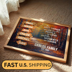 Personalized Family Name Wall Art with an adventure street sign and motivational quote design over a modern autumn nature background. Custom canvas print decor ideal for adding character to living rooms, entryways, or family spaces. Framed wall art gift perfect for seasonal home updates and nature-inspired interiors. Trendy Autumn and Christmas Gift Season Gift