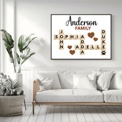Beautiful Canvas Sign Scrabble Puzzle Wall Art featuring a custom family name in a creative crossword design. This wooden-style matte canvas artwork makes a heartfelt and unique grandparents’ Christmas gift or family keepsake. Perfect for adding a warm, personalized touch to living rooms, hallways, or family walls.
