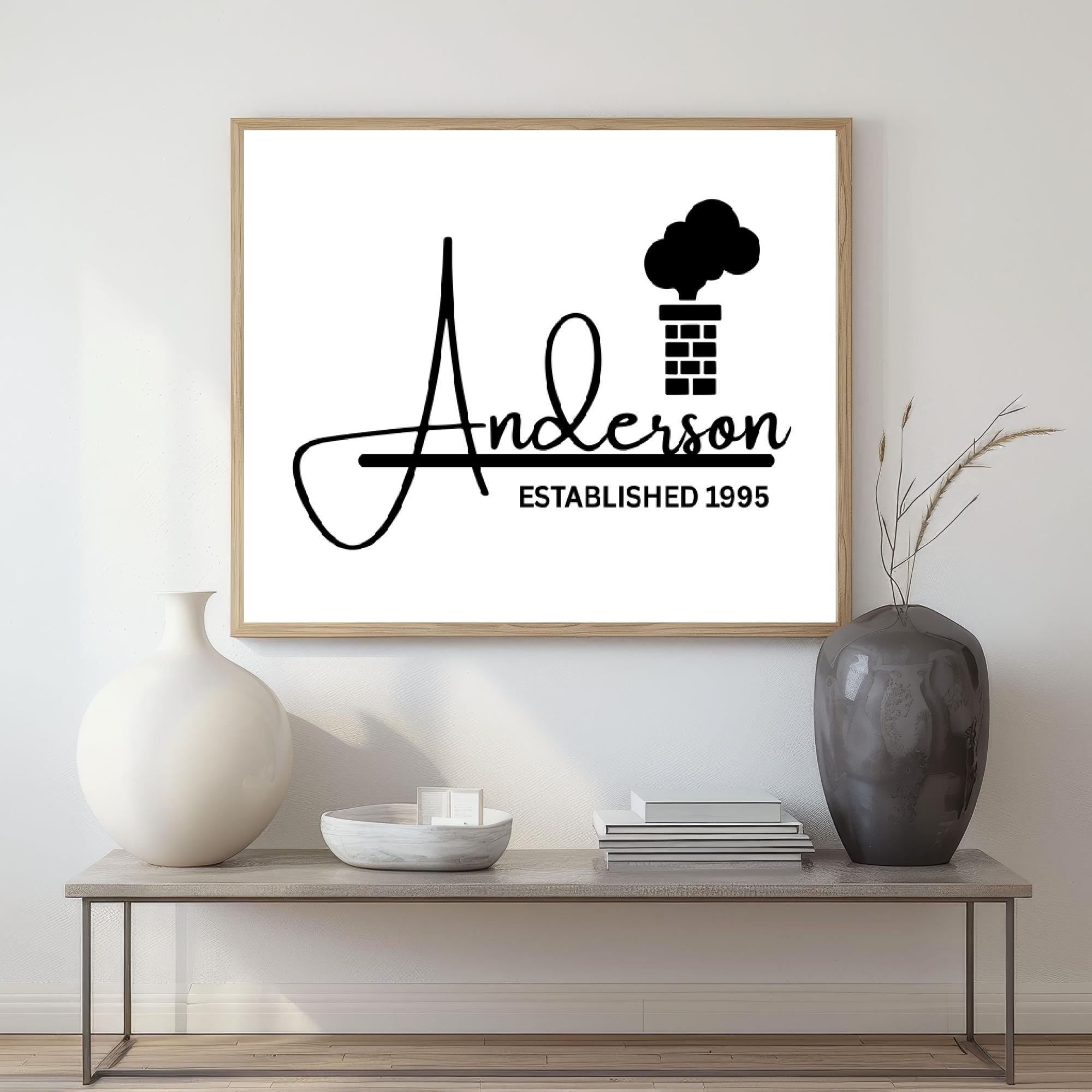 Personalized family name canvas with a minimalist black and white design displayed in a modern farmhouse-style frame. Custom wall art print featuring family name and the anniversary date, perfect as a keepsake gift for home décor. Framed family sign suited for living rooms, entryways, offices, or hallways. Ideal housewarming, wedding, or anniversary gift with timeless neutral décor style.