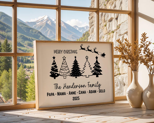 Custom Family Print features five beautifully designed Christmas trees personalized with each family member’s name for a festive and meaningful touch. Printed on high-quality matte canvas, it combines modern style with holiday warmth. The vibrant tree designs create a cheerful and cozy atmosphere perfect for Christmas celebrations. This personalized family Christmas canvas highlights love, unity, and the spirit of togetherness.