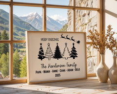 Custom Family Print features five beautifully designed Christmas trees personalized with each family member’s name for a festive and meaningful touch. Printed on high-quality matte canvas, it combines modern style with holiday warmth. The vibrant tree designs create a cheerful and cozy atmosphere perfect for Christmas celebrations. This personalized family Christmas canvas highlights love, unity, and the spirit of togetherness.