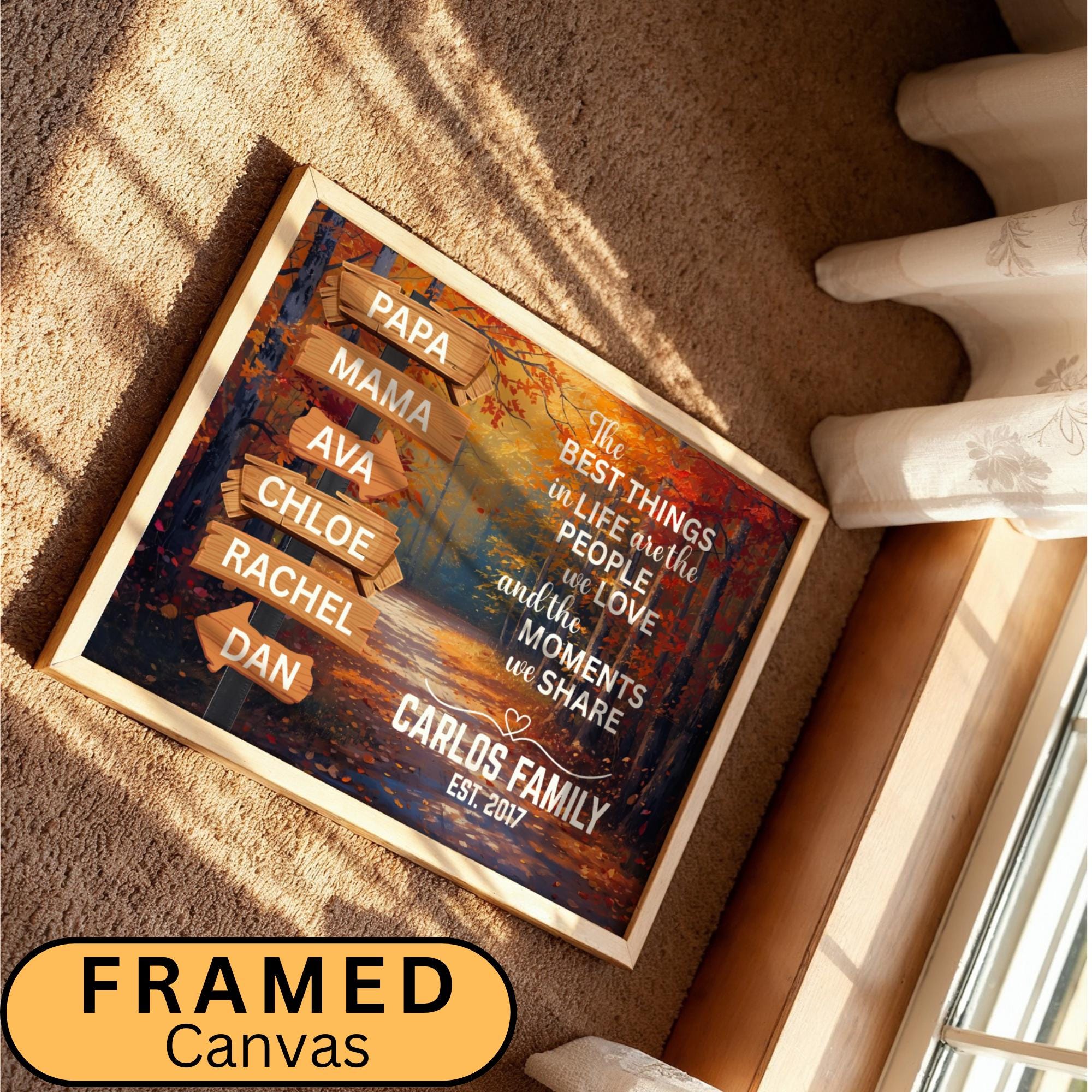 Personalized Family Name Wall Art with an adventure street sign and motivational quote design over a modern autumn nature background. Custom canvas print decor ideal for adding character to living rooms, entryways, or family spaces. Framed wall art gift perfect for seasonal home updates and nature-inspired interiors. Trendy Autumn and Christmas Gift Season Gift