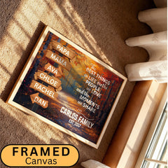Personalized Family Name Wall Art with an adventure street sign and motivational quote design over a modern autumn nature background. Custom canvas print decor ideal for adding character to living rooms, entryways, or family spaces. Framed wall art gift perfect for seasonal home updates and nature-inspired interiors. Trendy Autumn and Christmas Gift Season Gift