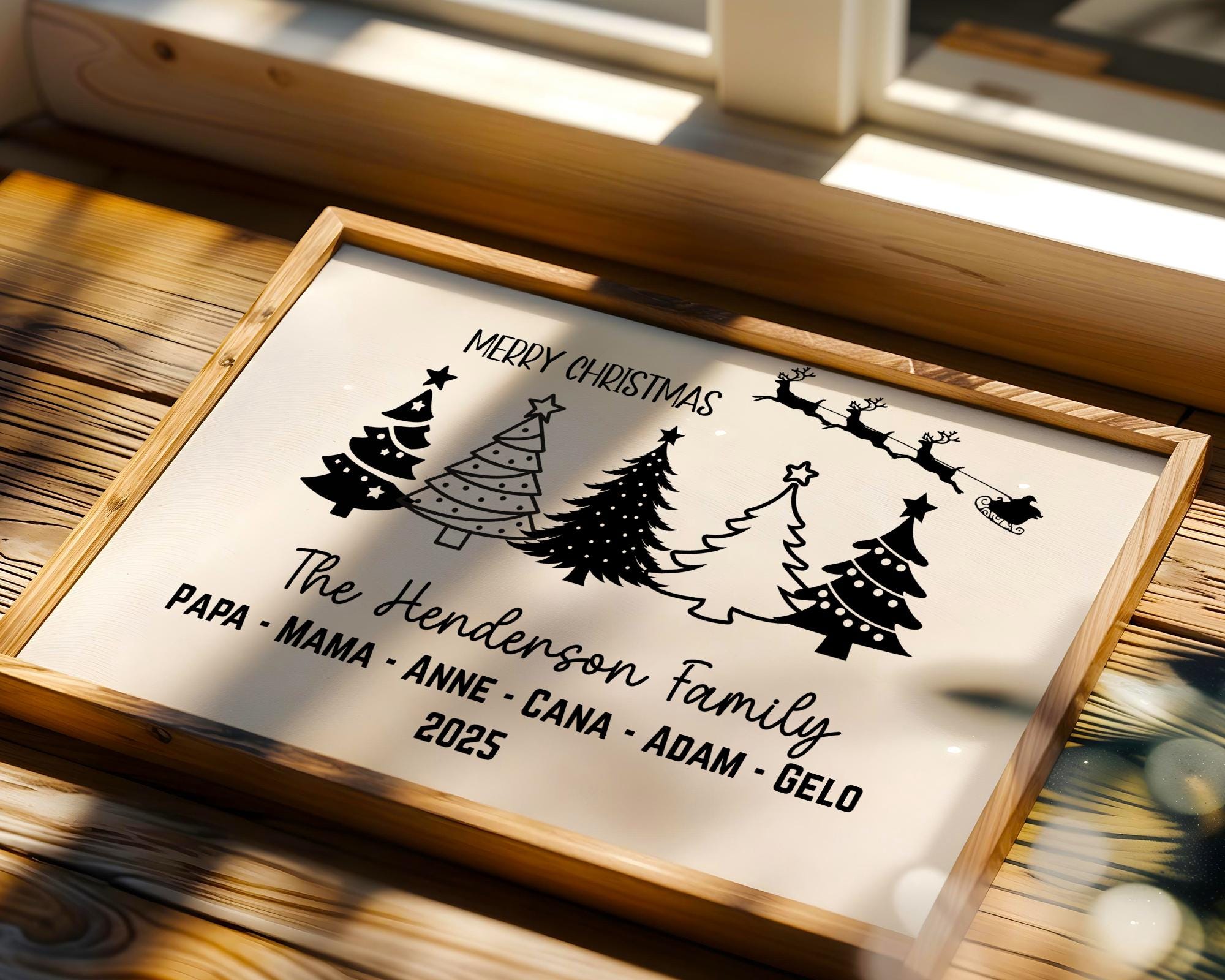 Custom Family Print features five beautifully designed Christmas trees personalized with each family member’s name for a festive and meaningful touch. Printed on high-quality matte canvas, it combines modern style with holiday warmth. The vibrant tree designs create a cheerful and cozy atmosphere perfect for Christmas celebrations. This personalized family Christmas canvas highlights love, unity, and the spirit of togetherness.