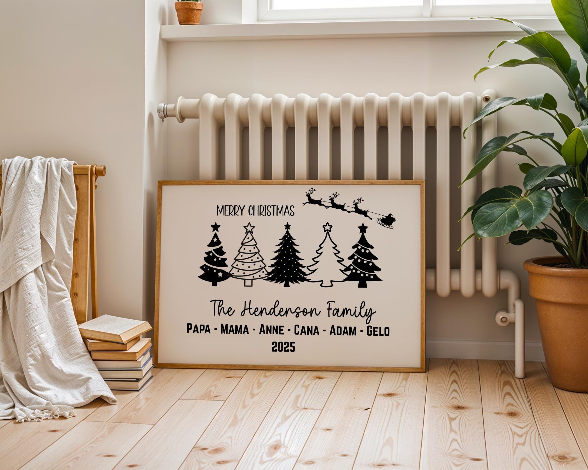 Custom Family Print features five beautifully designed Christmas trees personalized with each family member’s name for a festive and meaningful touch. Printed on high-quality matte canvas, it combines modern style with holiday warmth. The vibrant tree designs create a cheerful and cozy atmosphere perfect for Christmas celebrations. This personalized family Christmas canvas highlights love, unity, and the spirit of togetherness.