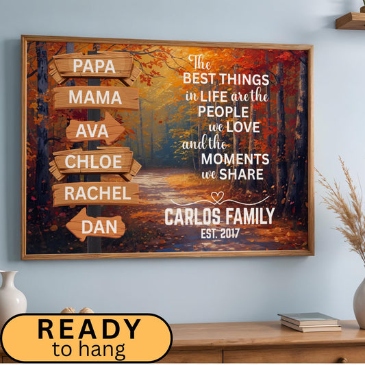 Personalized Family Name Wall Art with an adventure street sign and motivational quote design over a modern autumn nature background. Custom canvas print decor ideal for adding character to living rooms, entryways, or family spaces. Framed wall art gift perfect for seasonal home updates and nature-inspired interiors. Trendy Autumn and Christmas Gift Season Gift