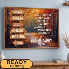 Personalized Family Name Wall Art with an adventure street sign and motivational quote design over a modern autumn nature background. Custom canvas print decor ideal for adding character to living rooms, entryways, or family spaces. Framed wall art gift perfect for seasonal home updates and nature-inspired interiors. Trendy Autumn and Christmas Gift Season Gift