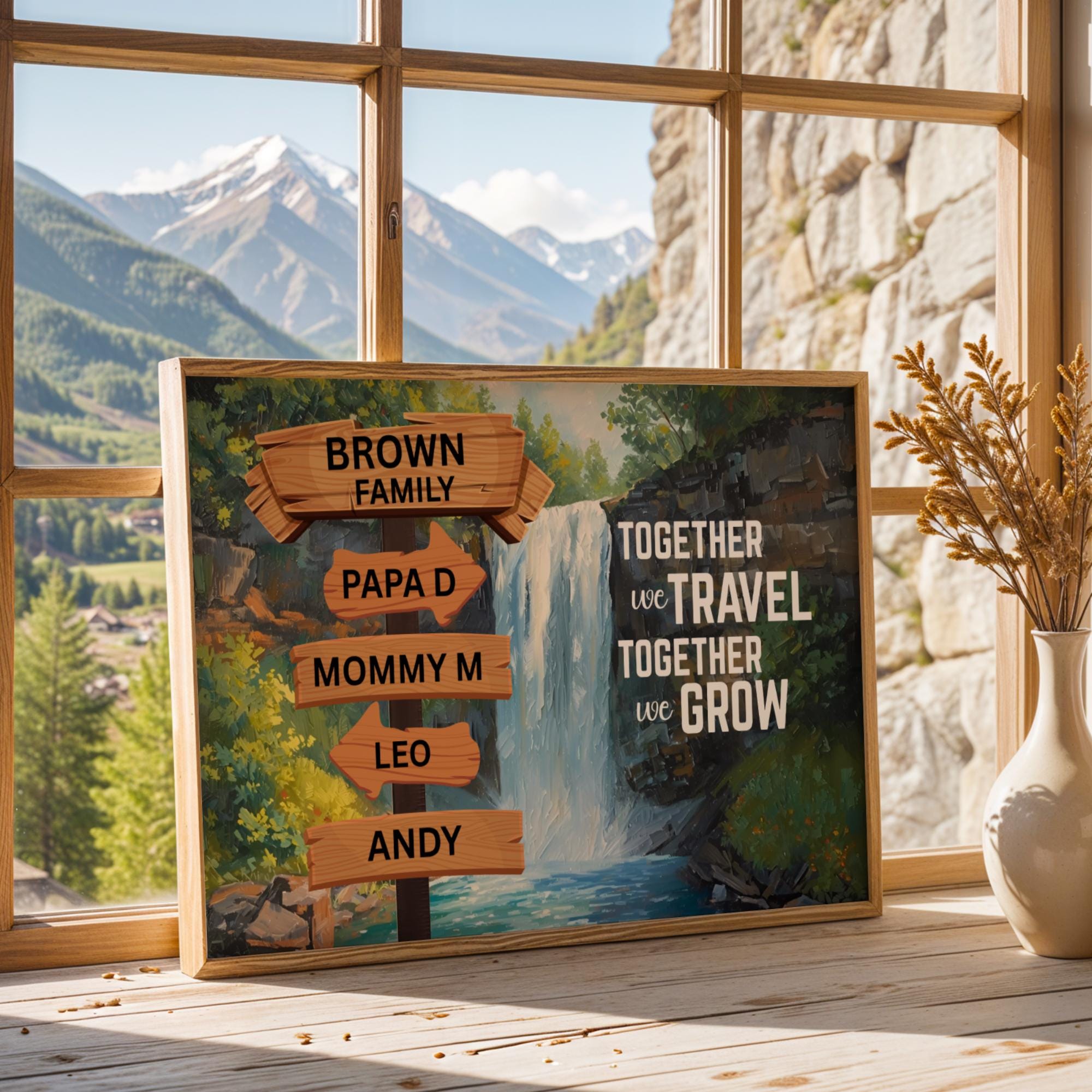 Custom Family Name Sign Canvas designed with a vintage street sign style and nature adventure theme, a waterfall. Personalized wall art creates a meaningful focal point in any living room, hallway, or entryway. Motivational quote decor adds an inspiring touch for families who love travel and outdoor experiences. A trendy and thoughtful gift idea for housewarmings, anniversaries, or family celebrations.