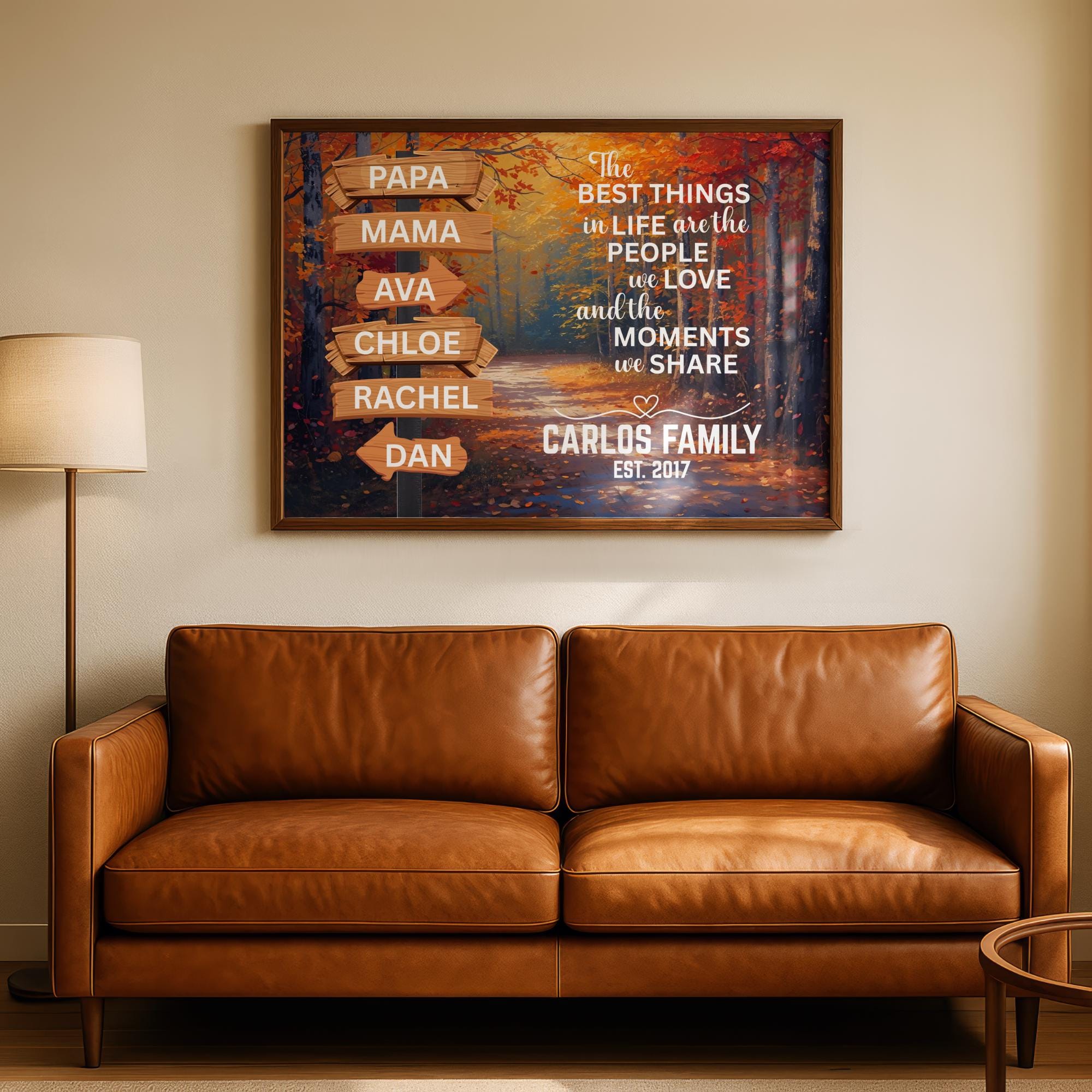 Personalized Family Name Wall Art with an adventure street sign and motivational quote design over a modern autumn nature background. Custom canvas print decor ideal for adding character to living rooms, entryways, or family spaces. Framed wall art gift perfect for seasonal home updates and nature-inspired interiors. Trendy Autumn and Christmas Gift Season Gift