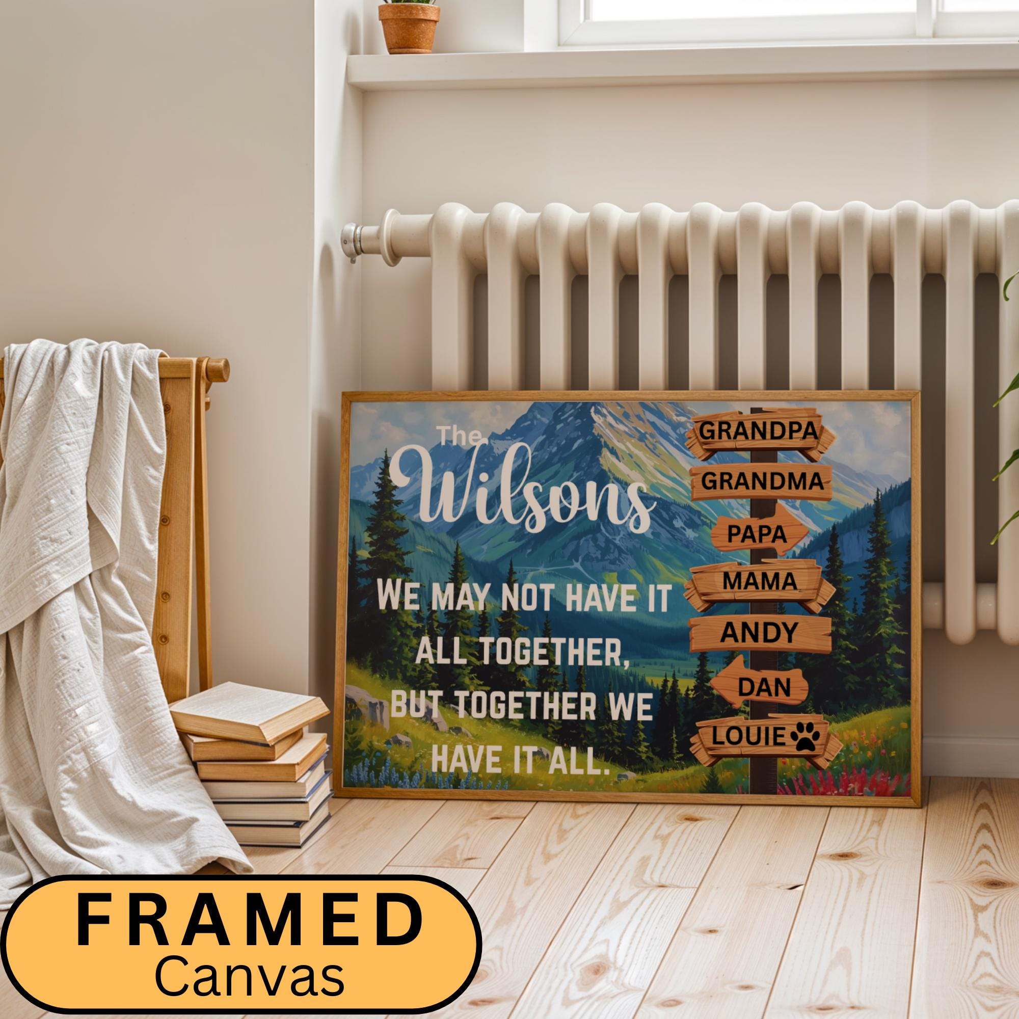 Custom Family Adventure Canvas Art featuring a scenic nature landscape, a mountain view with trees and grasses. Perfect for travelers and outdoor enthusiasts. Personalized family name sign adds a unique and meaningful touch to any home decor. Modern wall poster design ideal for living rooms, bedrooms, or offices, enhancing adventurous and stylish vibes. Thoughtful gift for families who love travel, nature, and memorable experiences together. Trendy Gift Ideas this Christmas