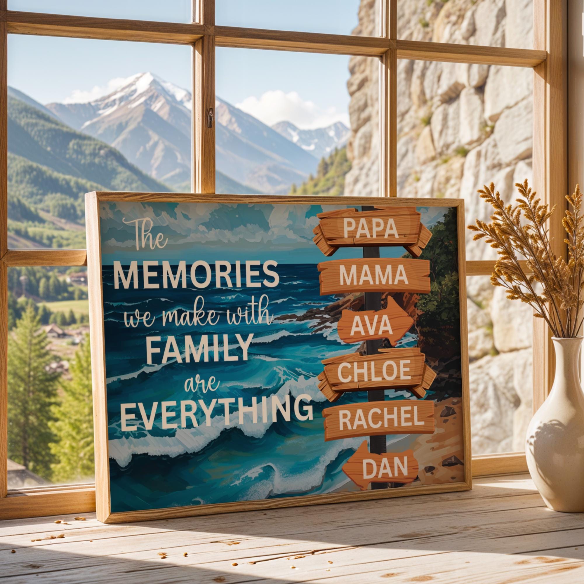 Family Adventure Life Canvas Poster featuring a custom family name sign and vintage street sign design over a scenic nature background, a blue ocean with motivational quotes. Personalized wall art decor perfect for family travelers and modern home interiors. Rustic adventure wall print ideal for living rooms, cabins, or entryway décor. Also for campers, and adventurers. Trendy gift for Christmas.