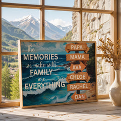 Family Adventure Life Canvas Poster featuring a custom family name sign and vintage street sign design over a scenic nature background, a blue ocean with motivational quotes. Personalized wall art decor perfect for family travelers and modern home interiors. Rustic adventure wall print ideal for living rooms, cabins, or entryway décor. Also for campers, and adventurers. Trendy gift for Christmas.