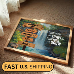 Custom Family Name Sign Canvas designed with a vintage street sign style and nature adventure theme, a waterfall. Personalized wall art creates a meaningful focal point in any living room, hallway, or entryway. Motivational quote decor adds an inspiring touch for families who love travel and outdoor experiences. A trendy and thoughtful gift idea for housewarmings, anniversaries, or family celebrations.