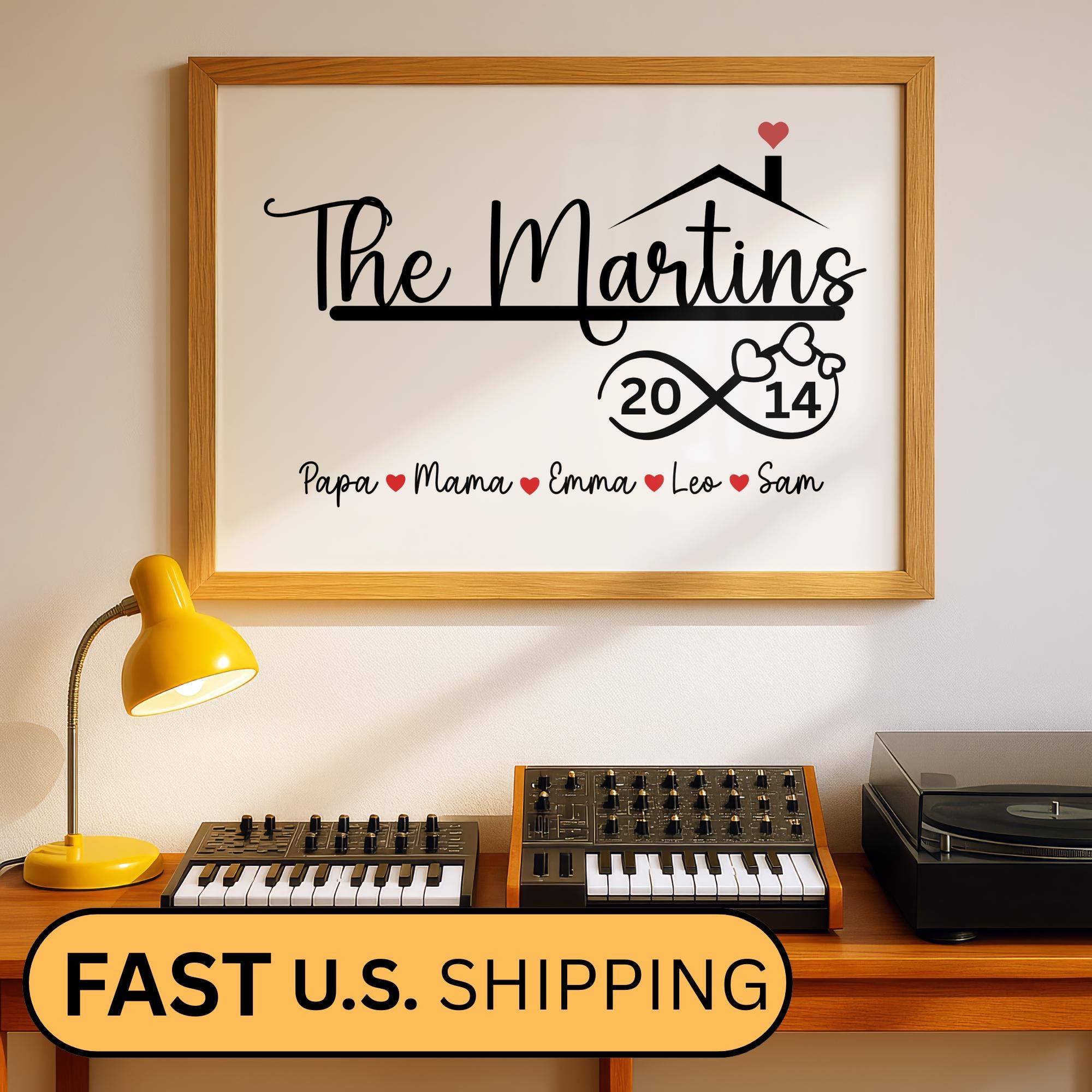 Canvas wall décor featuring a personalized farmhouse family name design and anniversary year in a matte black and white print. Custom framed wall art keepsake perfect for modern, rustic, or minimalist interiors. Ideal gift for housewarmings, weddings, anniversaries, or new homeowners. Display in living rooms, entryways, bedrooms, or offices for a meaningful decorative touch.