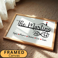 Canvas wall décor featuring a personalized farmhouse family name design and anniversary year in a matte black and white print. Custom framed wall art keepsake perfect for modern, rustic, or minimalist interiors. Ideal gift for housewarmings, weddings, anniversaries, or new homeowners. Display in living rooms, entryways, bedrooms, or offices for a meaningful decorative touch.