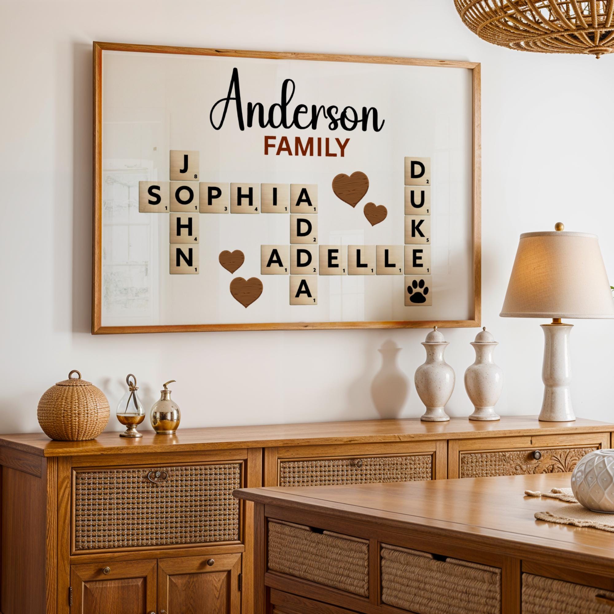 Beautiful Canvas Sign Scrabble Puzzle Wall Art featuring a custom family name in a creative crossword design. This wooden-style matte canvas artwork makes a heartfelt and unique grandparents’ Christmas gift or family keepsake. Perfect for adding a warm, personalized touch to living rooms, hallways, or family walls.