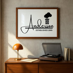 Personalized family name canvas with a minimalist black and white design displayed in a modern farmhouse-style frame. Custom wall art print featuring family name and the anniversary date, perfect as a keepsake gift for home décor. Framed family sign suited for living rooms, entryways, offices, or hallways. Ideal housewarming, wedding, or anniversary gift with timeless neutral décor style.