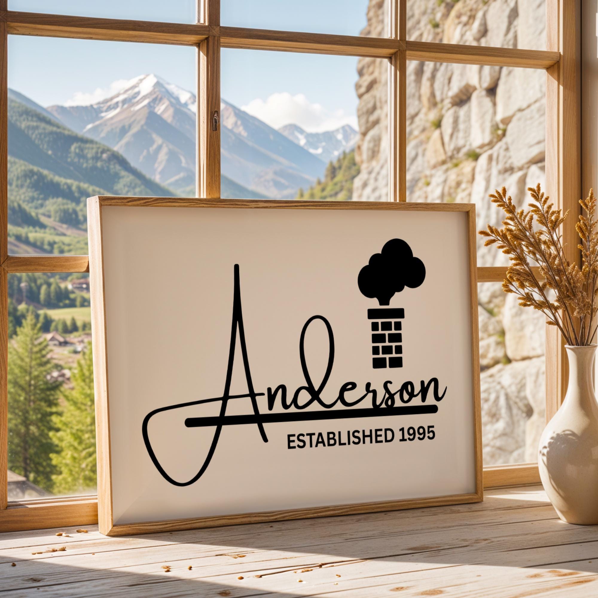 Personalized family name canvas with a minimalist black and white design displayed in a modern farmhouse-style frame. Custom wall art print featuring family name and the anniversary date, perfect as a keepsake gift for home décor. Framed family sign suited for living rooms, entryways, offices, or hallways. Ideal housewarming, wedding, or anniversary gift with timeless neutral décor style.