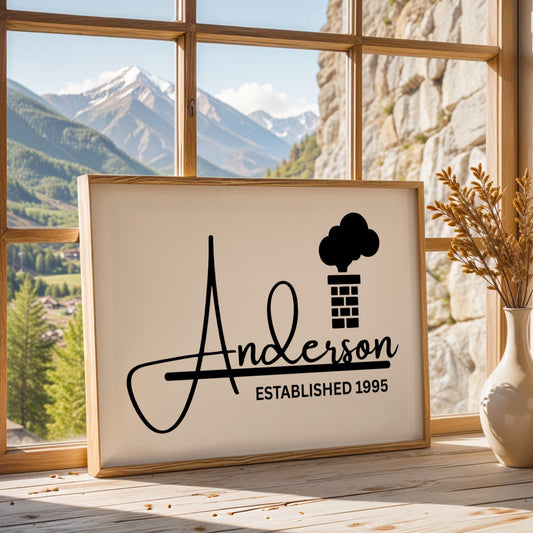 Personalized family name canvas with a minimalist black and white design displayed in a modern farmhouse-style frame. Custom wall art print featuring family name and the anniversary date, perfect as a keepsake gift for home décor. Framed family sign suited for living rooms, entryways, offices, or hallways. Ideal housewarming, wedding, or anniversary gift with timeless neutral décor style.