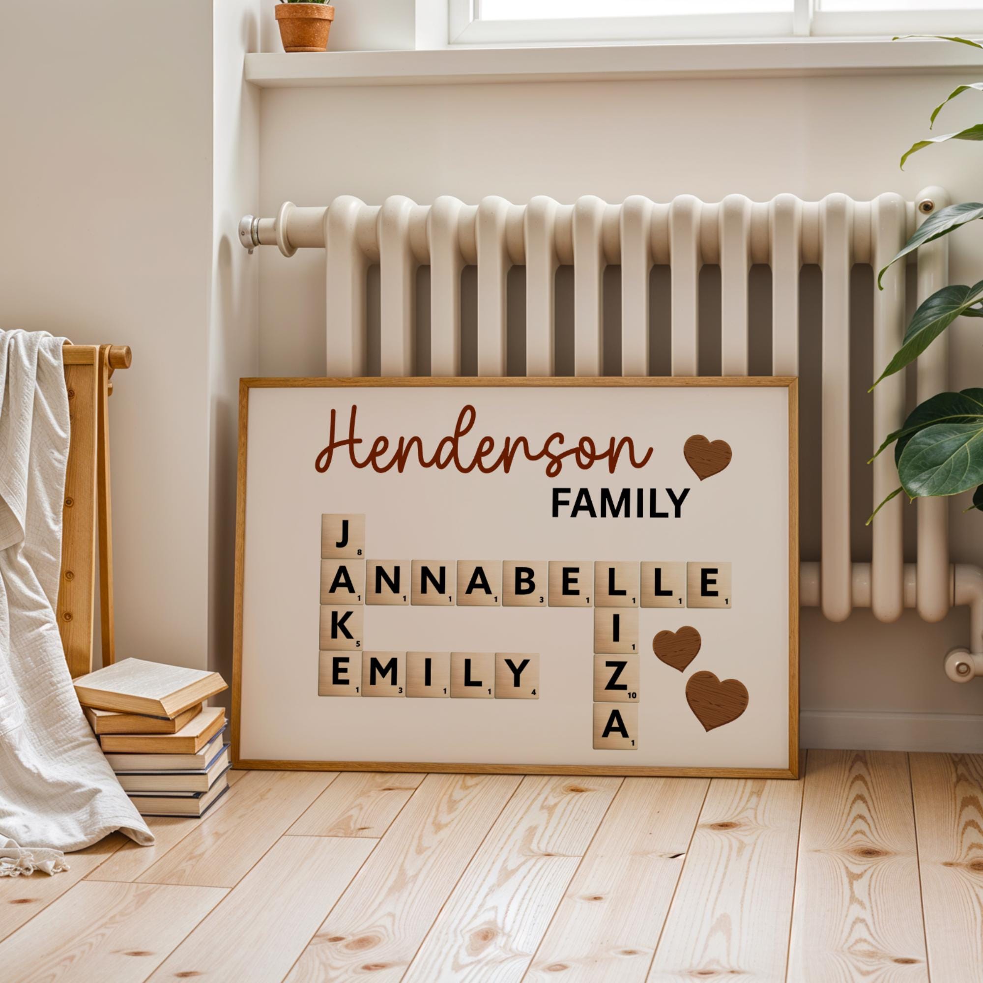 This Personalized Scrabble Puzzle Sign is a creative and heartwarming way to celebrate family connections. Designed as a custom wooden crossword wall sign, it beautifully features your family or grandkids’ names in a charming Scrabble-style layout. Perfect as a grandparents’ Christmas gift, birthday surprise, or family keepsake that adds warmth to any home. A custom last name sign ideal for decorating living rooms, hallways, or family walls with love and personality.