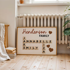 This Personalized Scrabble Puzzle Sign is a creative and heartwarming way to celebrate family connections. Designed as a custom wooden crossword wall sign, it beautifully features your family or grandkids’ names in a charming Scrabble-style layout. Perfect as a grandparents’ Christmas gift, birthday surprise, or family keepsake that adds warmth to any home. A custom last name sign ideal for decorating living rooms, hallways, or family walls with love and personality.
